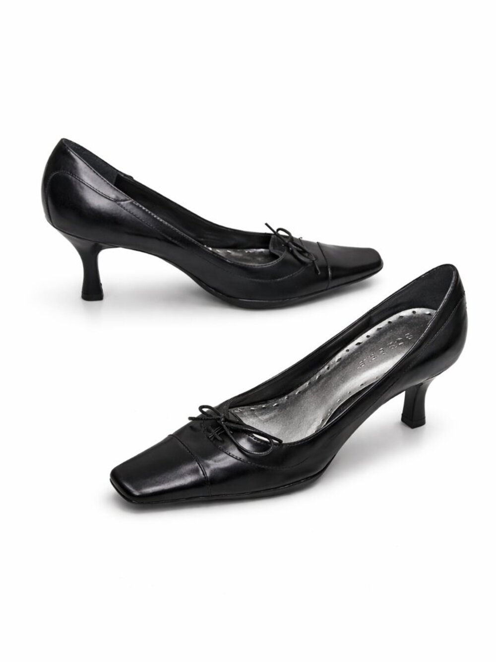 BCBGirls Black Leather Kitten Heel Pumps 7.5B Square Toe Bow Classic Career Heel